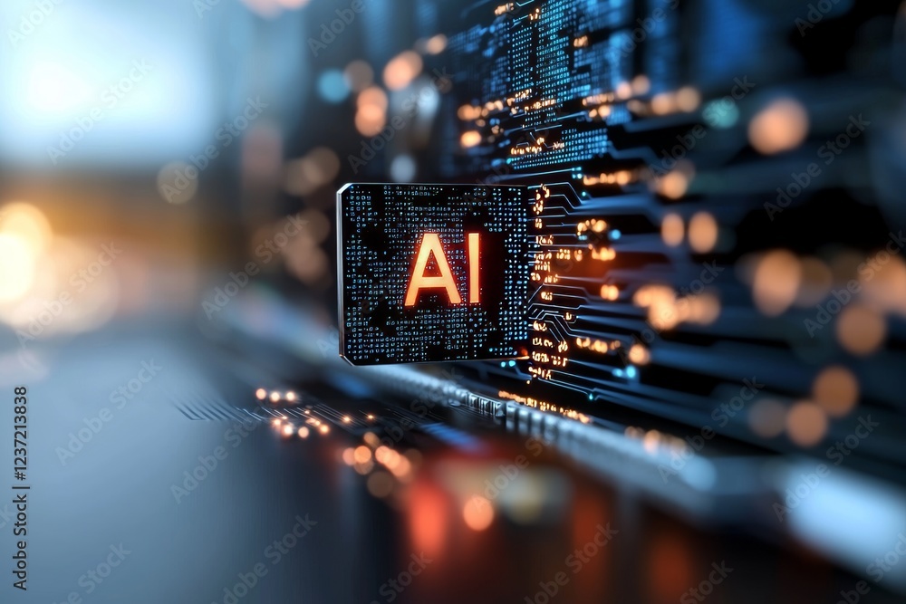 Poster a stock image featuring a glowing ai chipset and cpu on a circuit board, symbolizing electronic and 