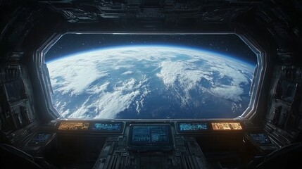 View of Earth from a futuristic spacecraft cockpit during a deep space exploration mission