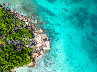 Aerial view of La Digue coastline