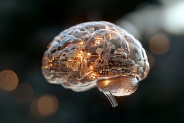 A human brain demonstrating intelligent thinking via a neural network printed circuit, intertwined with big data and stock concepts, in a computer-generated stock illustration image