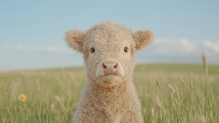 Naklejka premium Fluffy Calf in Green Field, Sunny Day