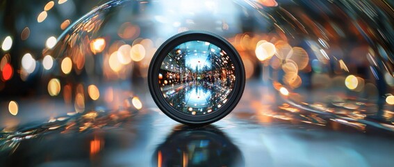 Close-up image of a video camera lens, featuring a 21 to 9 aspect ratio. It is a stock photograph