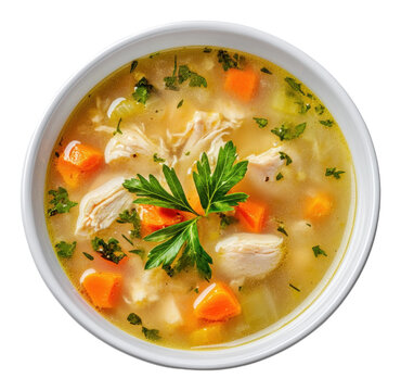 Cozy chicken soup with veggies & herbs isolated on transparent background