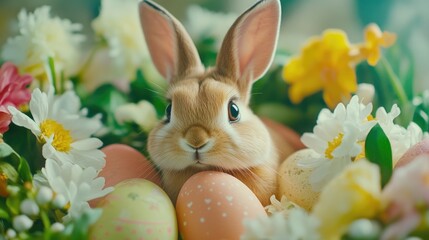 Cute bunny hiding in a field of flowers for an Easter holiday image.