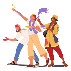 Happy Indian people and travelers celebrating Holi spring festival throwing colored dust in air