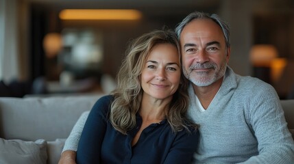 Fototapeta premium Cheerful mature spouses posing for the camera while seated on a comfortable couch in the modern living room, showing their happy lifelong relationship
