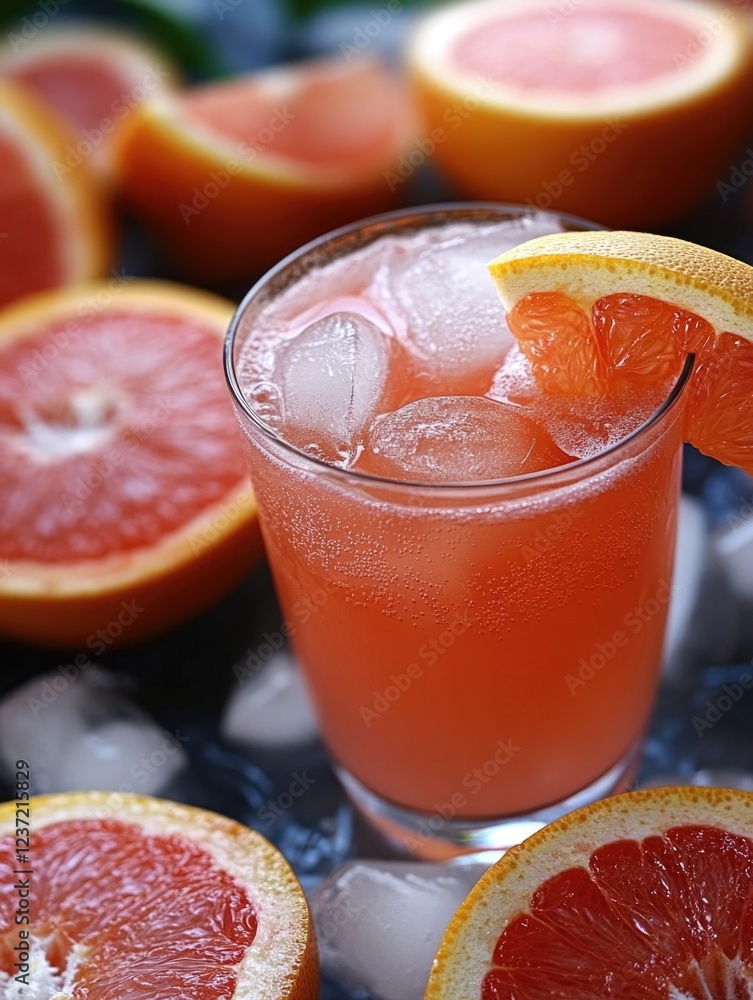 Poster cool and refreshing grapefruit soda with bubbles, ice and a garnish on the side.