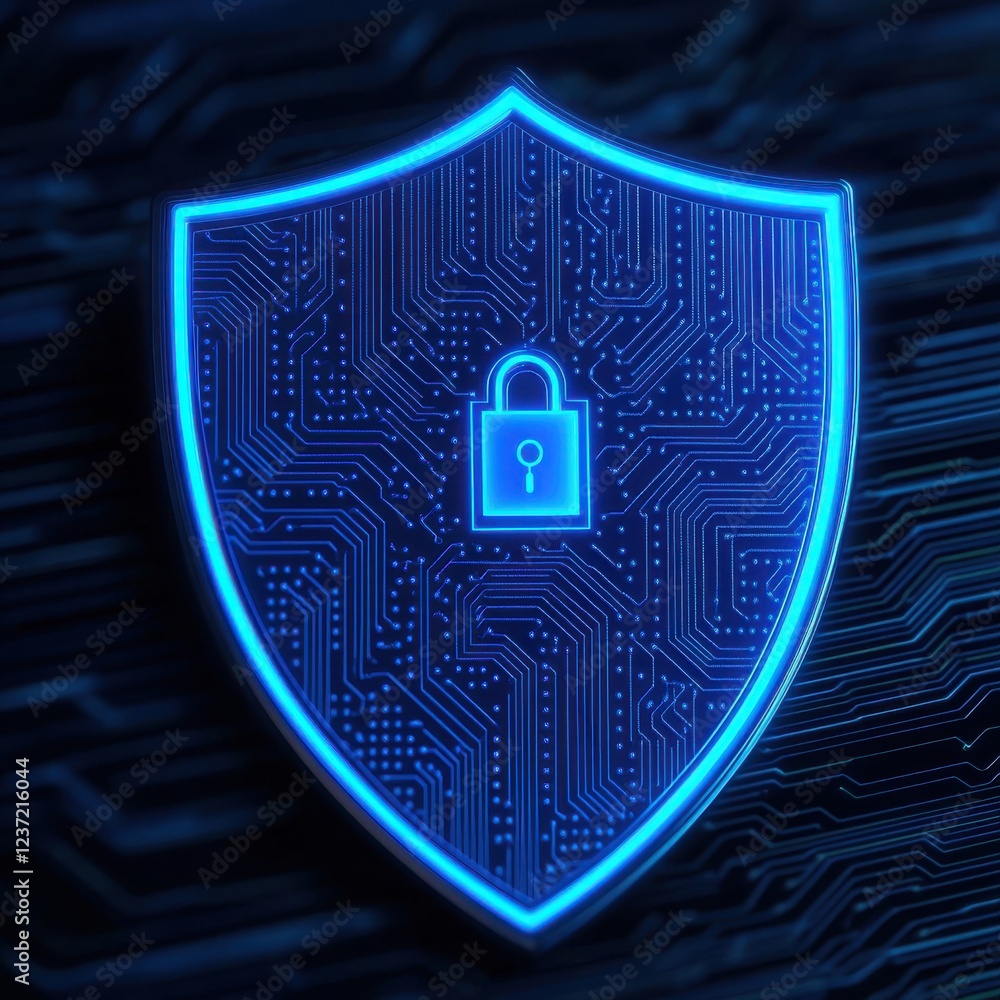 Poster a futuristic shield symbol depicting security and protection in a digital environment, emphasizing c