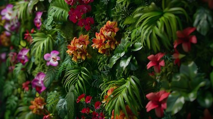 A vertical garden wall bursting with exotic flowers and layered greenery