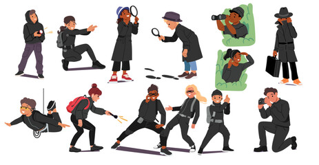 Kids secret agents cartoon characters providing murderer crime investigation and terrified threats