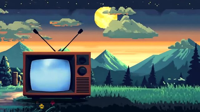 Retro video game console in a serene mountain landscape at dusk