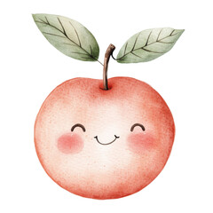 Cute watercolor smiling apple with leaves – whimsical fruit illustration for kids isolated png