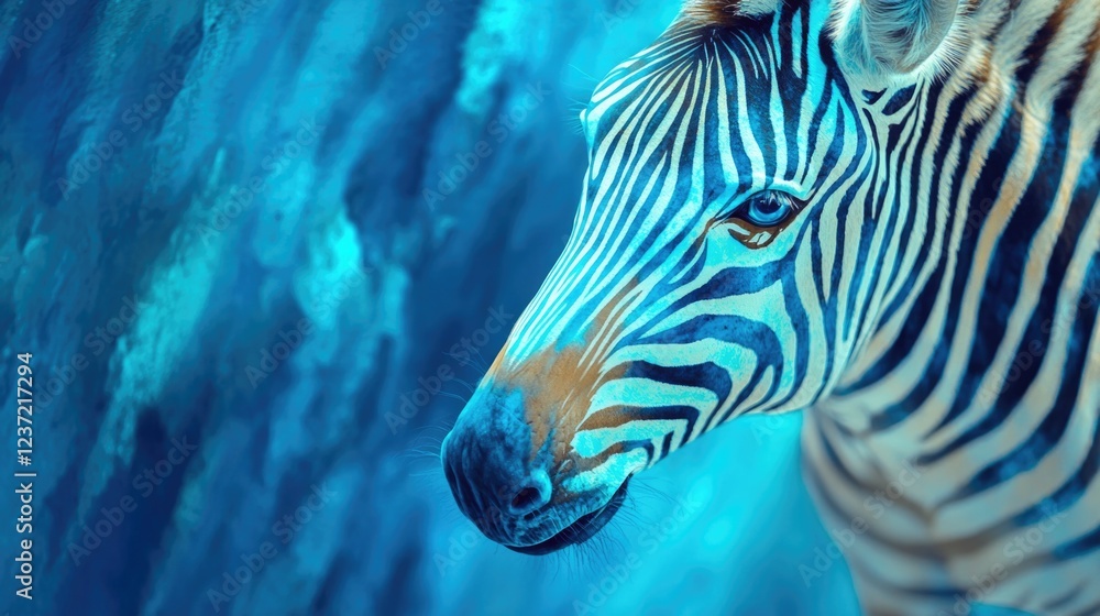 Canvas Prints a zebra with a blue face is staring at the camera. the blue color of the zebra's face creates a stri