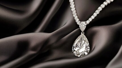 Classic diamond necklace with a teardrop pendant, elegantly positioned on silk fabric.