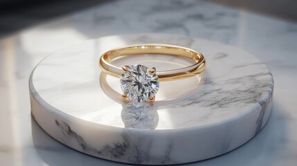 Classic gold engagement ring with a sparkling round diamond, displayed on a marble slab.