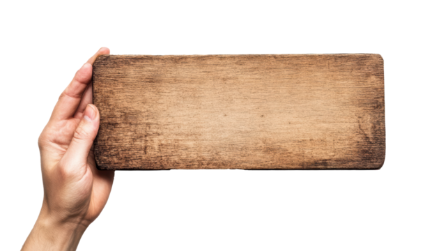Person is holding a wooden sign