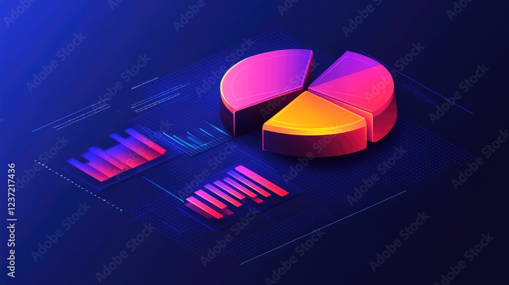 Poster data analytics dashboard with glowing pie charts and bar graphs.