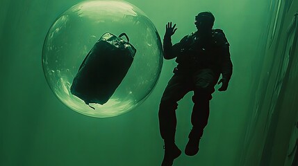 Diver explores underwater bubble with floating backpack in a dimly lit environment