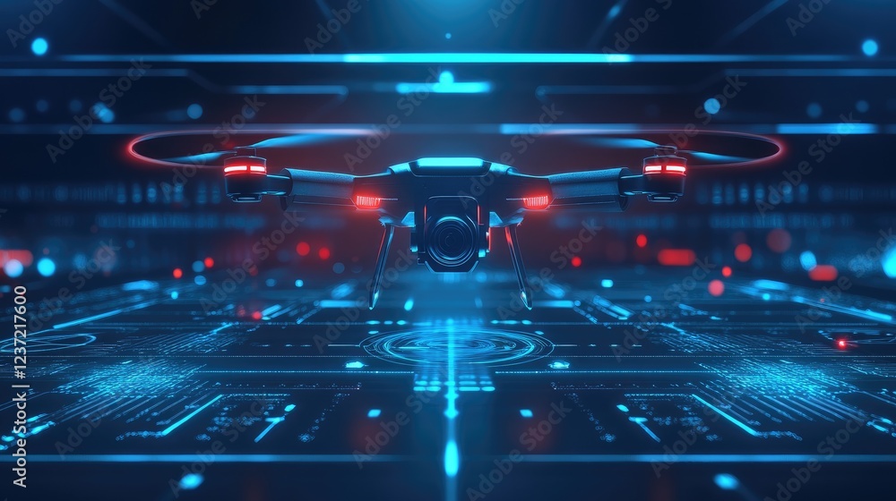 Poster drone hovering above a sleek color background with digital ui elements.
