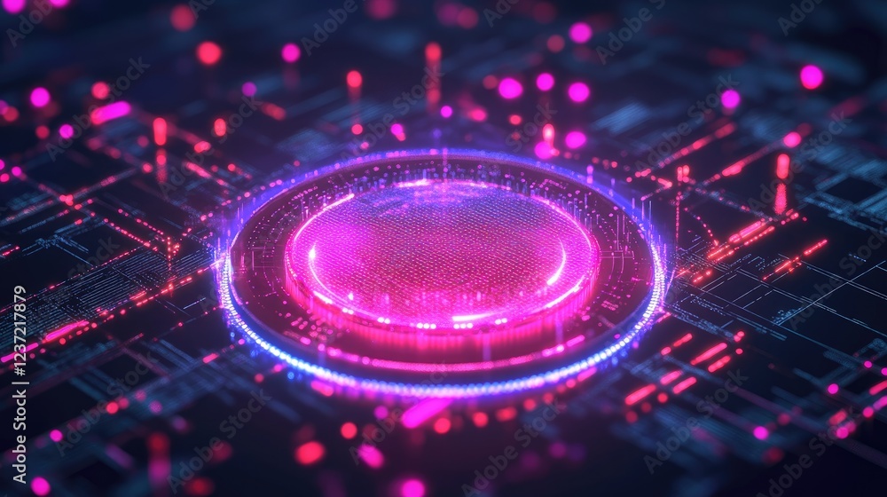 Poster glowing digital database icon surrounded by layers of encryption.