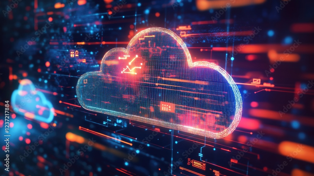 Poster glowing cloud computing icons representing digital collaboration.