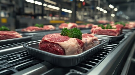 High-tech meat slicing and packaging equipment in a food production plant.