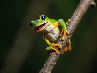 Obraz premium Colorful tree frog perched on branch in lush green environment during daylight hours exuding a cheerful demeanor