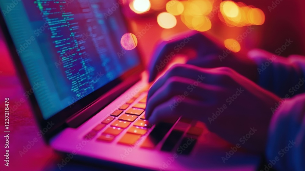 Poster software developer is skillfully typing code on a laptop keyboard, illuminated by the vibrant hues o