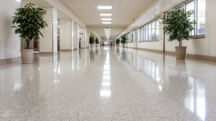 Bright hallway, plants, shiny floor, office building interior, architecture design