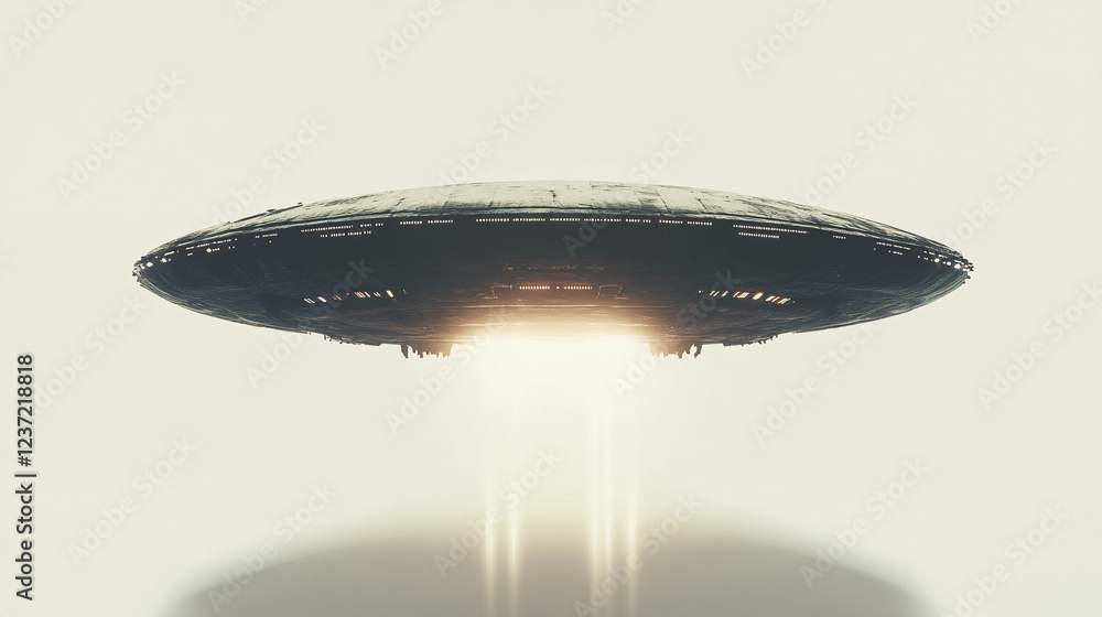 Poster futuristic ufo hovering with a glowing propulsion system emitting a bright energy beam below creatin