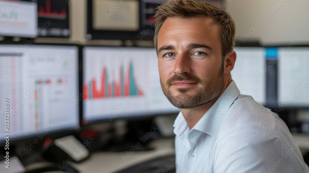 Fototapete young adult man working in office with multiple computer screens displaying graphs and data