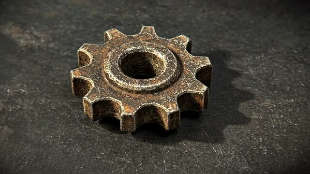 Rusty gear on a textured surface with shadows and highlights