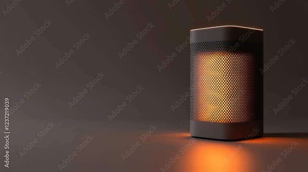 Poster minimalist smart speaker with a glowing interface on a neutral background.