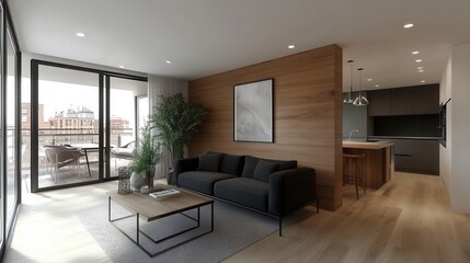 Fototapeta premium Modern open-plan living room with wooden accents and floor-to-ceiling windows overlooking cityscape