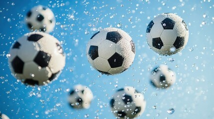 Naklejka premium Soccer balls suspended in air with water droplets against blue sky