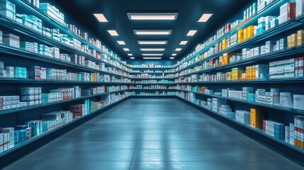 Obraz premium Aisle in modern pharmacy with colorful medicine boxes on shelves