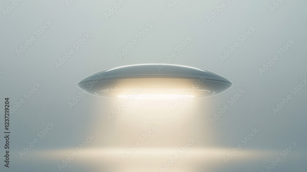 Poster minimalist futuristic ufo hovering in a misty atmosphere with a soft glowing light beam creating a s
