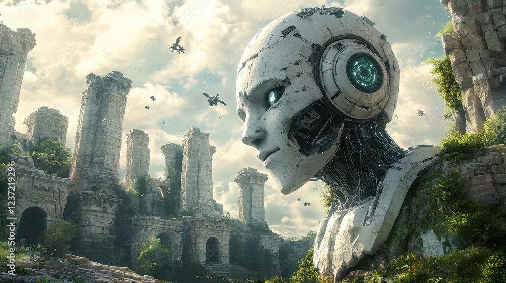 Poster futuristic robotic face with ruins in background under cloudy sky with flying drones