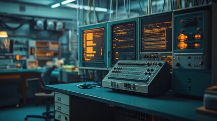 Obraz premium Vintage computer room with retro equipment and flickering monitors in a dimly lit laboratory