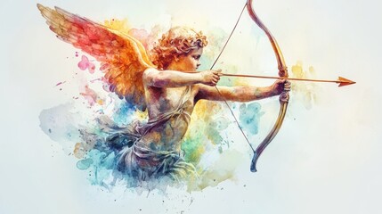 Artistic watercolor depiction of angelic archer with bow and arrow in vibrant colors