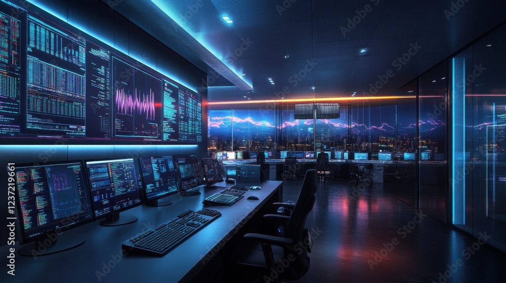 Aufkleber high-tech control room with multiple monitors and data displays in modern office