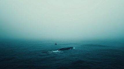 Obraz premium Humpback whale and diver in misty ocean