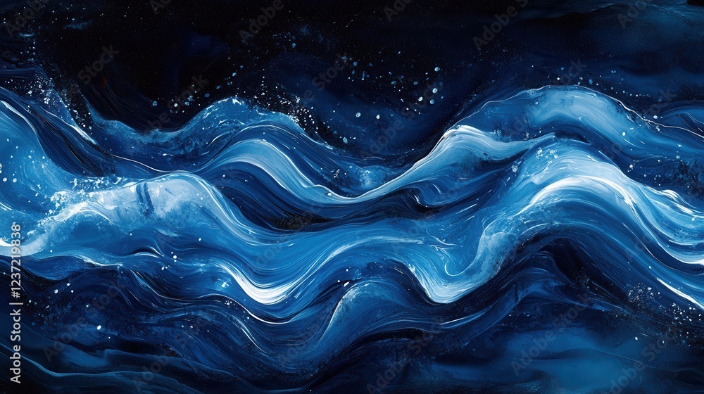 Poster abstract blue ocean waves on a dark background with white splashes creating a dynamic artistic flow