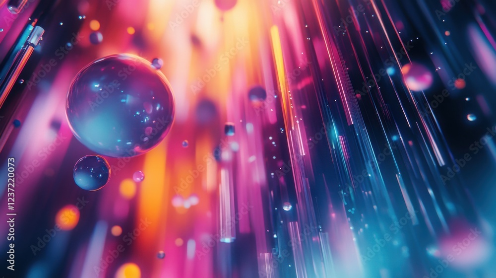 Poster abstract colorful light trails with floating bubbles in a vibrant digital space