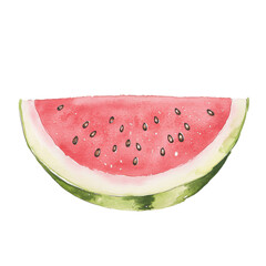 Watercolor half watermelon slice with seeds and green rind on transparent background isolated png