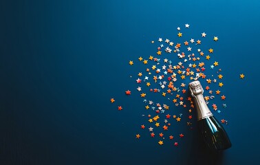 Fototapeta premium Champagne bottle with star-shaped confetti falling against a navy blue background, perfect for celebration or New Year's Eve theme