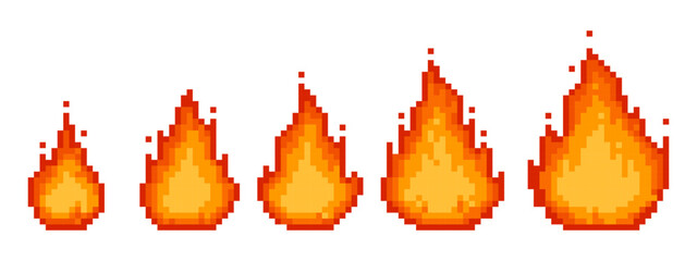 Pixel art of fire flames in various sizes. on a white background. 8 bit sprite sheet for video game assets on a white background. vector graphics. © hiten666