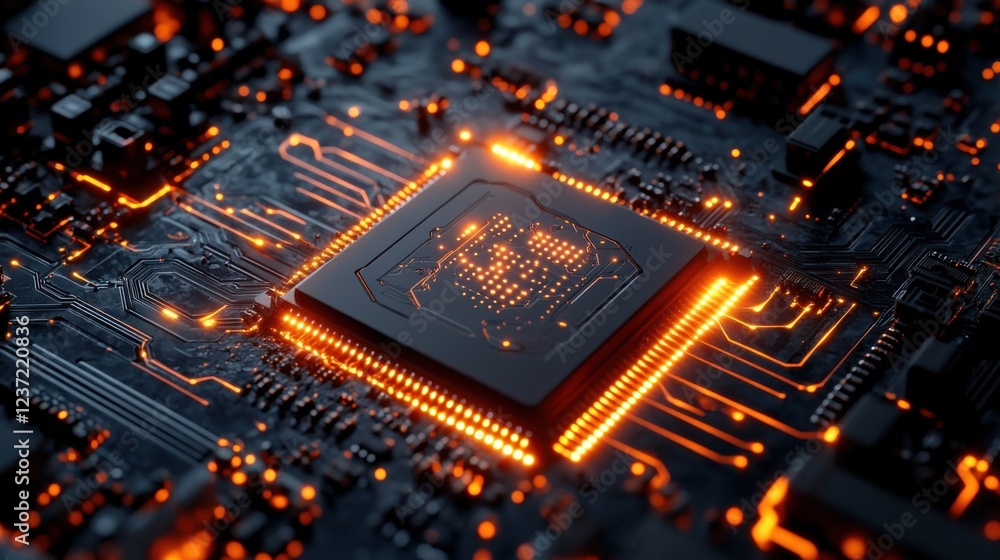 Aufkleber futuristic circuit board with glowing microchip in high-tech electronic system close-up