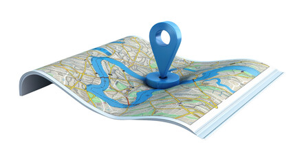 Blue location pin pointing on folded map with transparent background