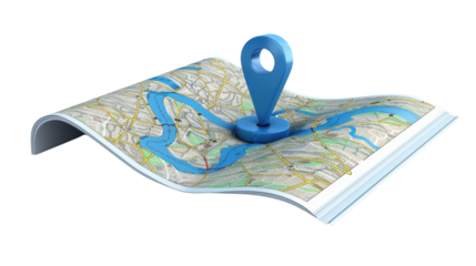 Blue location pin pointing on folded map with transparent background
